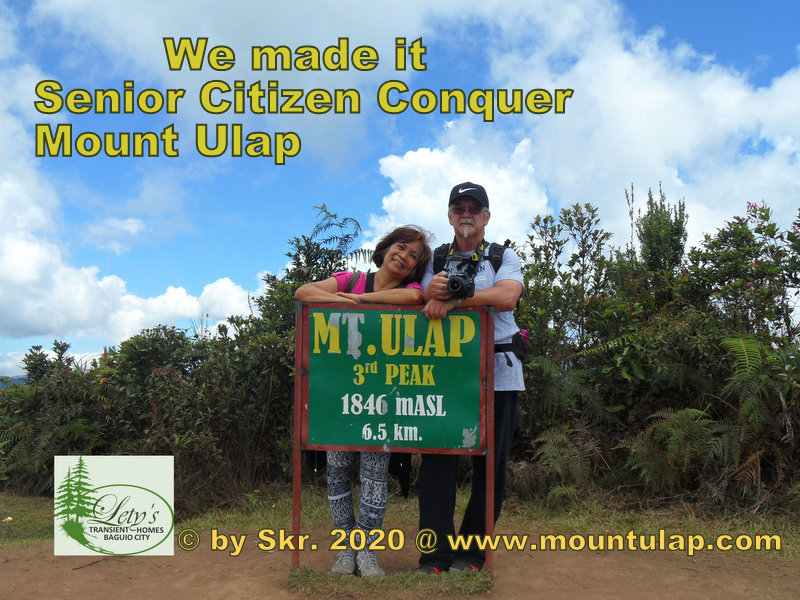 Two seniors conquer the summit of Mount Ulap 1,846 m above sea level in a 4-hour hike. 